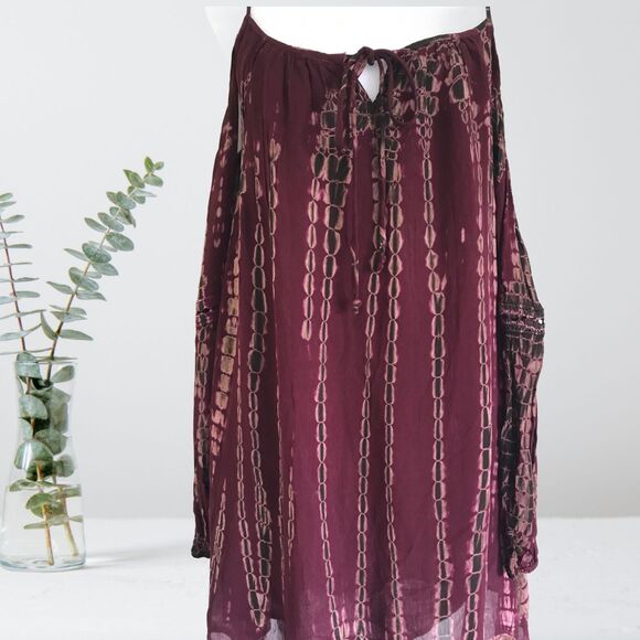 Patrons of Peace Blouse Dress. Wine and Brown Tie-Dye Pattern Long Sleeves Small - Picture 3 of 9